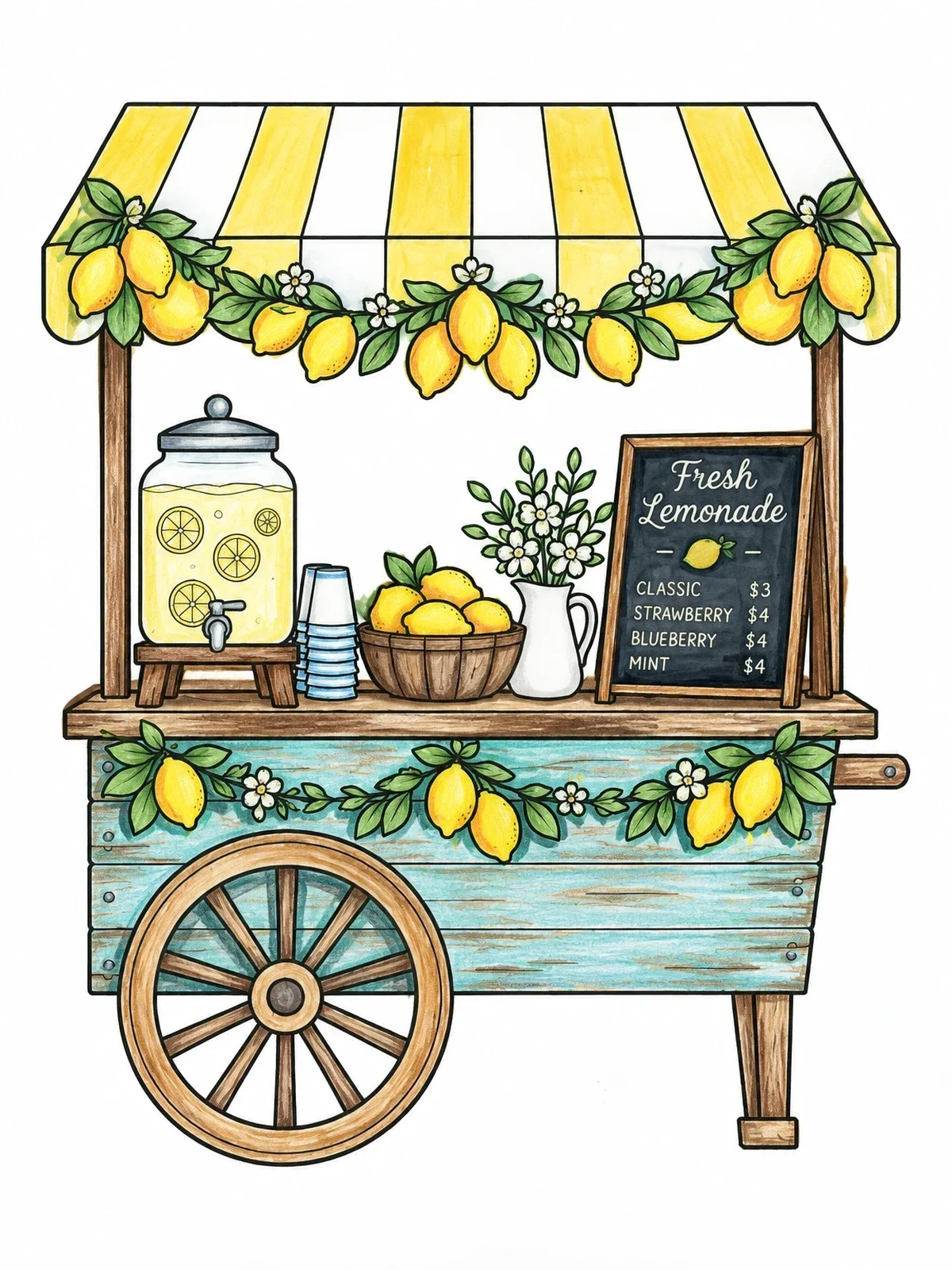 Colored example of the Vintage Lemonade Cart Stand coloring page