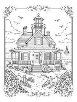 Vintage keeper house with porch in this lighthouse beach coloring page.