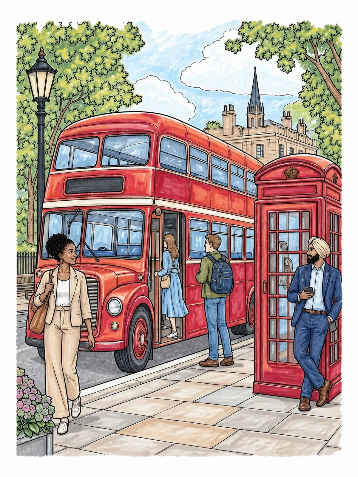 Colored example of the Vintage London Bus And Phone Box coloring page