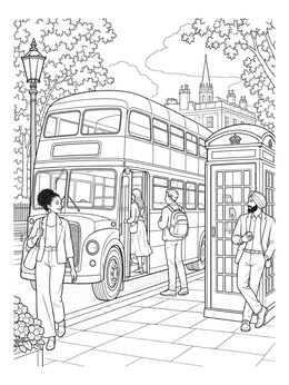 Passengers board a double-decker bus next to a classic telephone booth in this london coloring page.