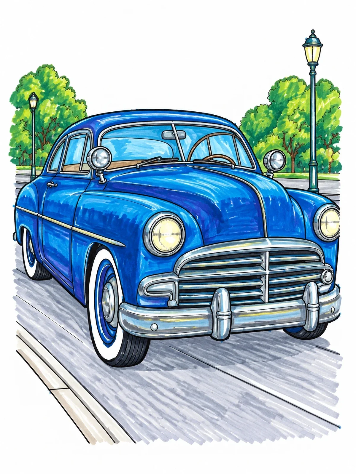 Colored example of the Vintage Lowrider Bomb Coupe coloring page