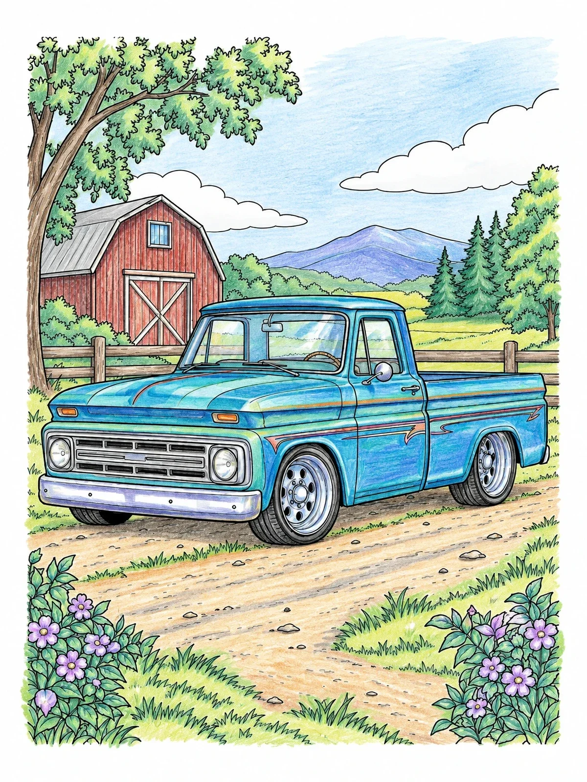 Colored example of the Vintage Lowrider Pickup By The Barn coloring page