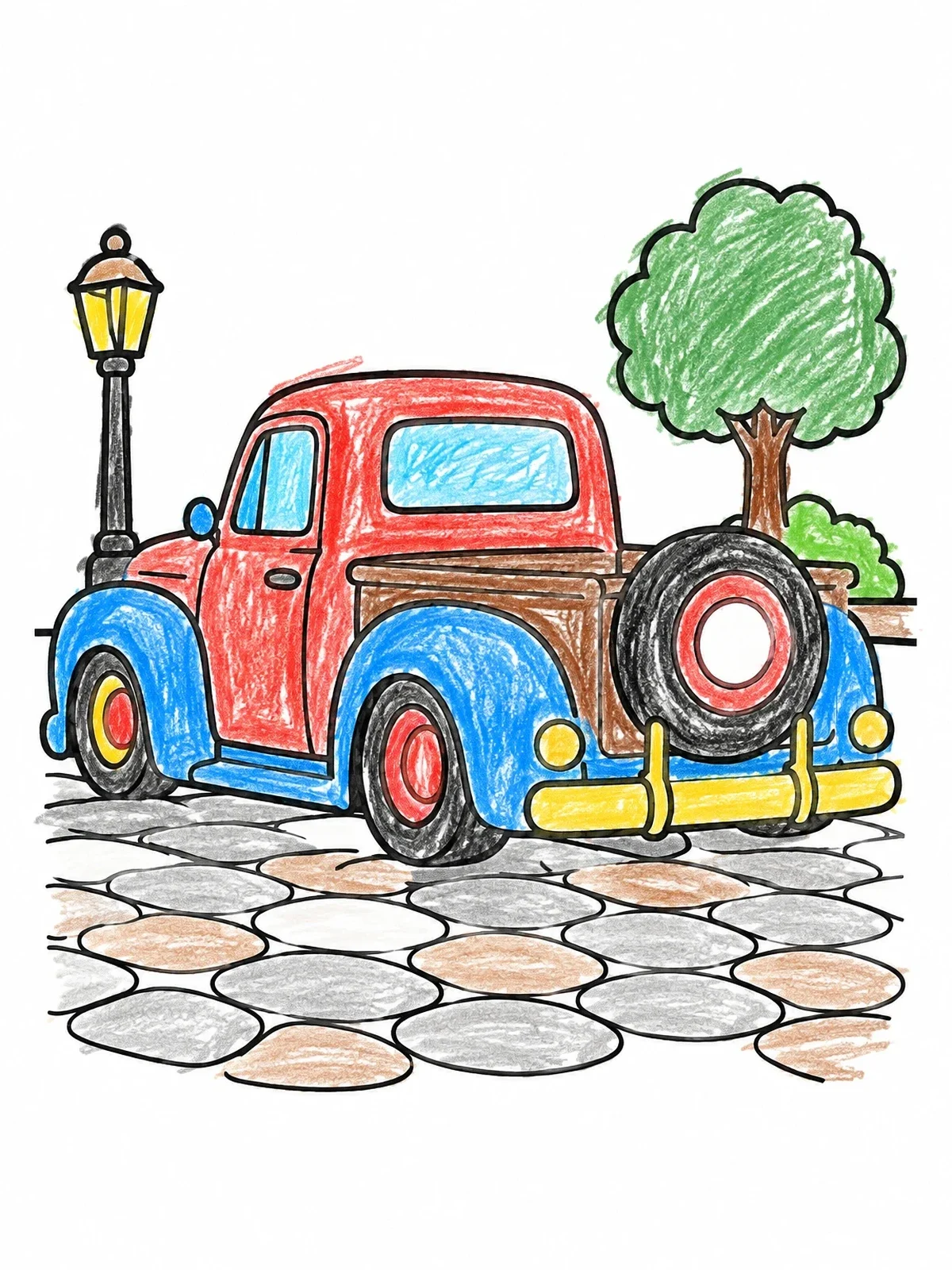 Colored example of the Vintage Lowrider Truck On Cobblestones coloring page
