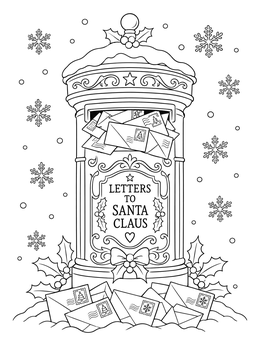 A snowy vintage postbox overflowing with mail on this festive letters to santa coloring page.