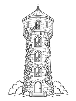 An ivy-covered vintage water tower coloring page with arched windows showing a spiral staircase.