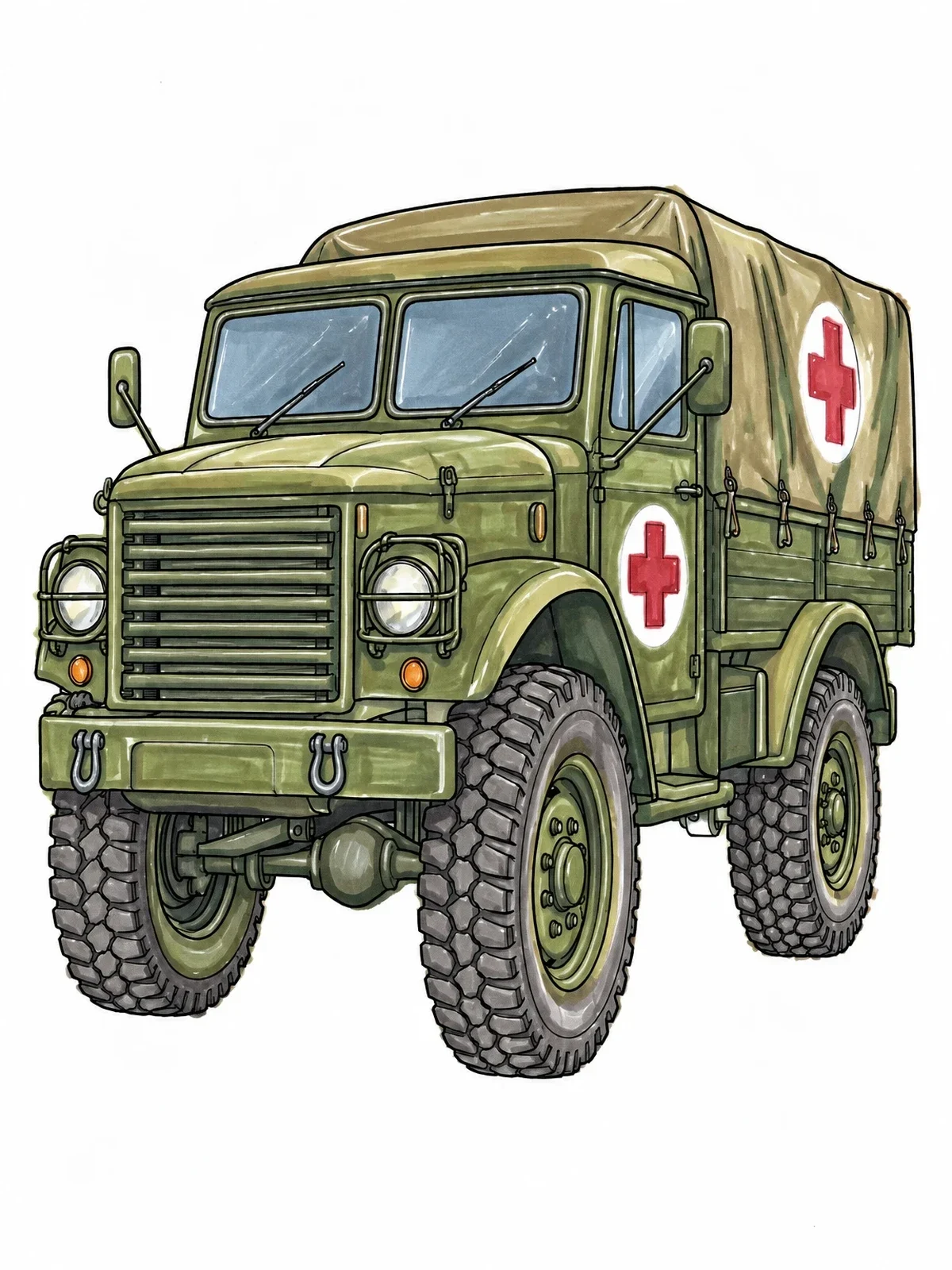 Colored example of the Vintage Military Field Ambulance Truck coloring page