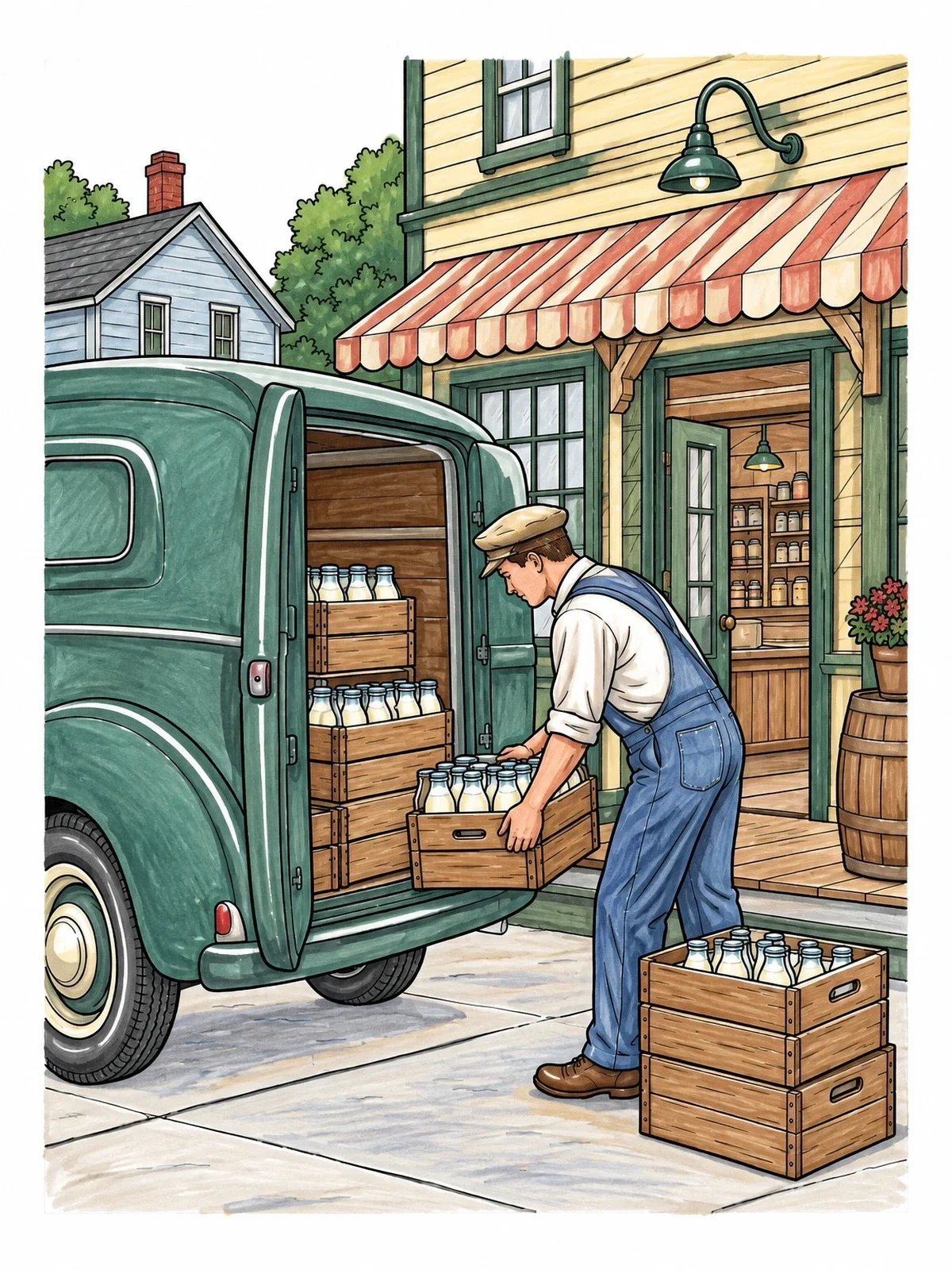 Colored example of the Vintage Milk Delivery At The Store coloring page
