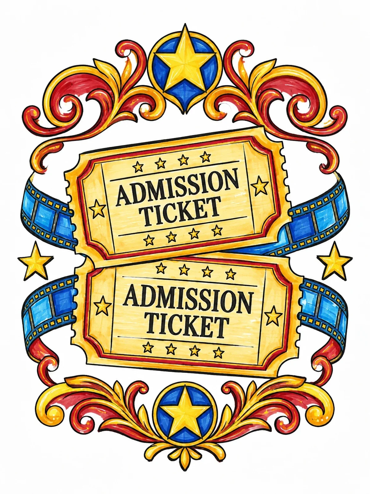 Colored example of the Vintage Movie Admission Tickets coloring page