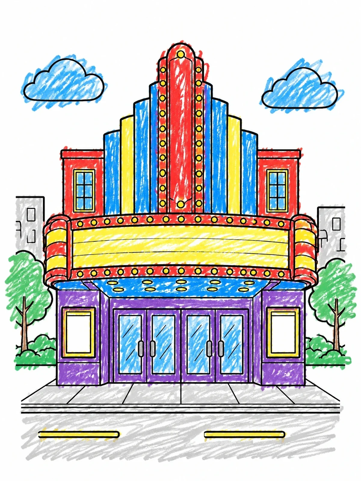 Colored example of the Vintage Movie Theater Building coloring page