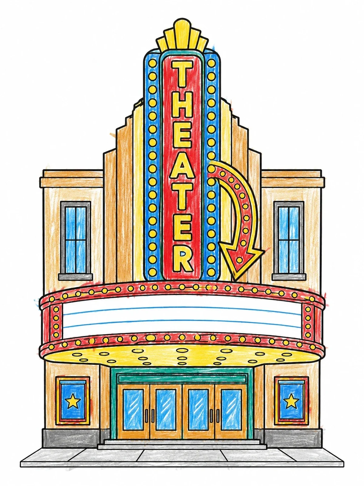Colored example of the Vintage Movie Theater Marquee coloring page