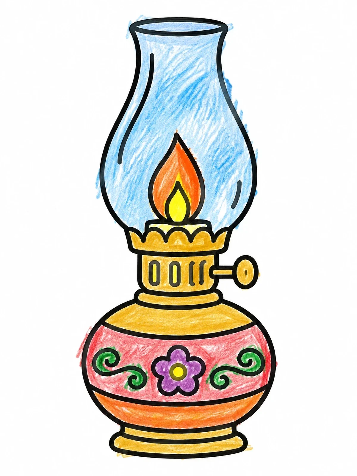 Colored example of the Vintage Oil Lamp With Flame coloring page