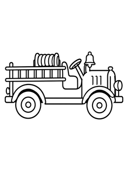 A vintage fire truck coloring page with open cab and brass bell.