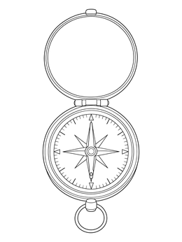An open vintage compass coloring page with detailed compass rose markings.