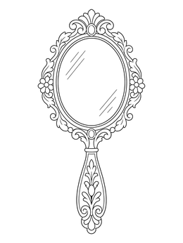 An ornate vintage mirror coloring page with decorative floral details.