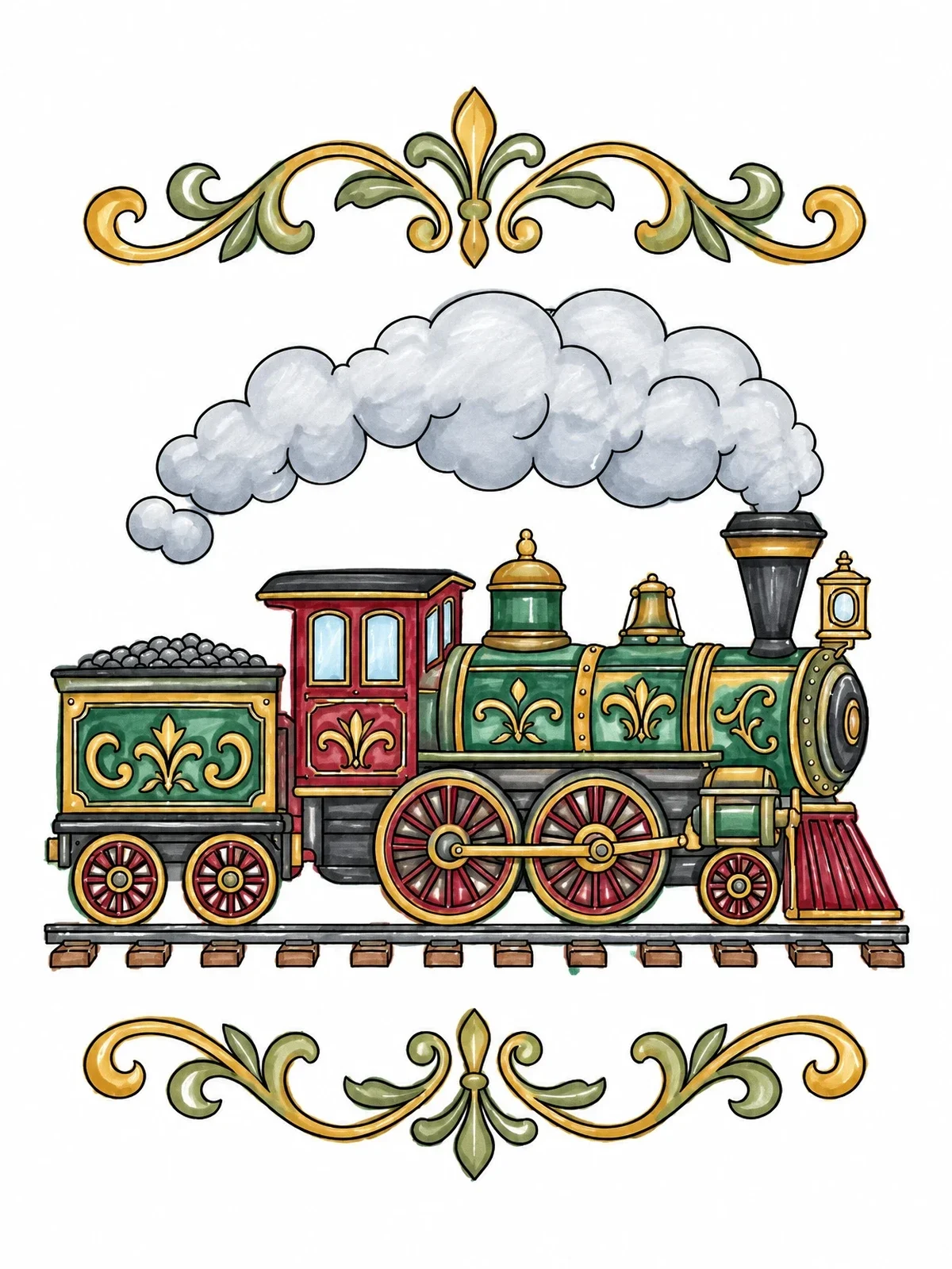 Colored example of the Vintage Ornate Steam Train coloring page