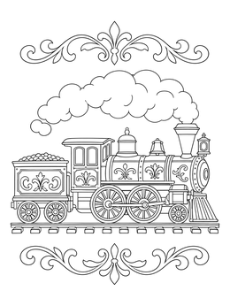 A detailed train coloring page featuring an ornate vintage steam locomotive and track.