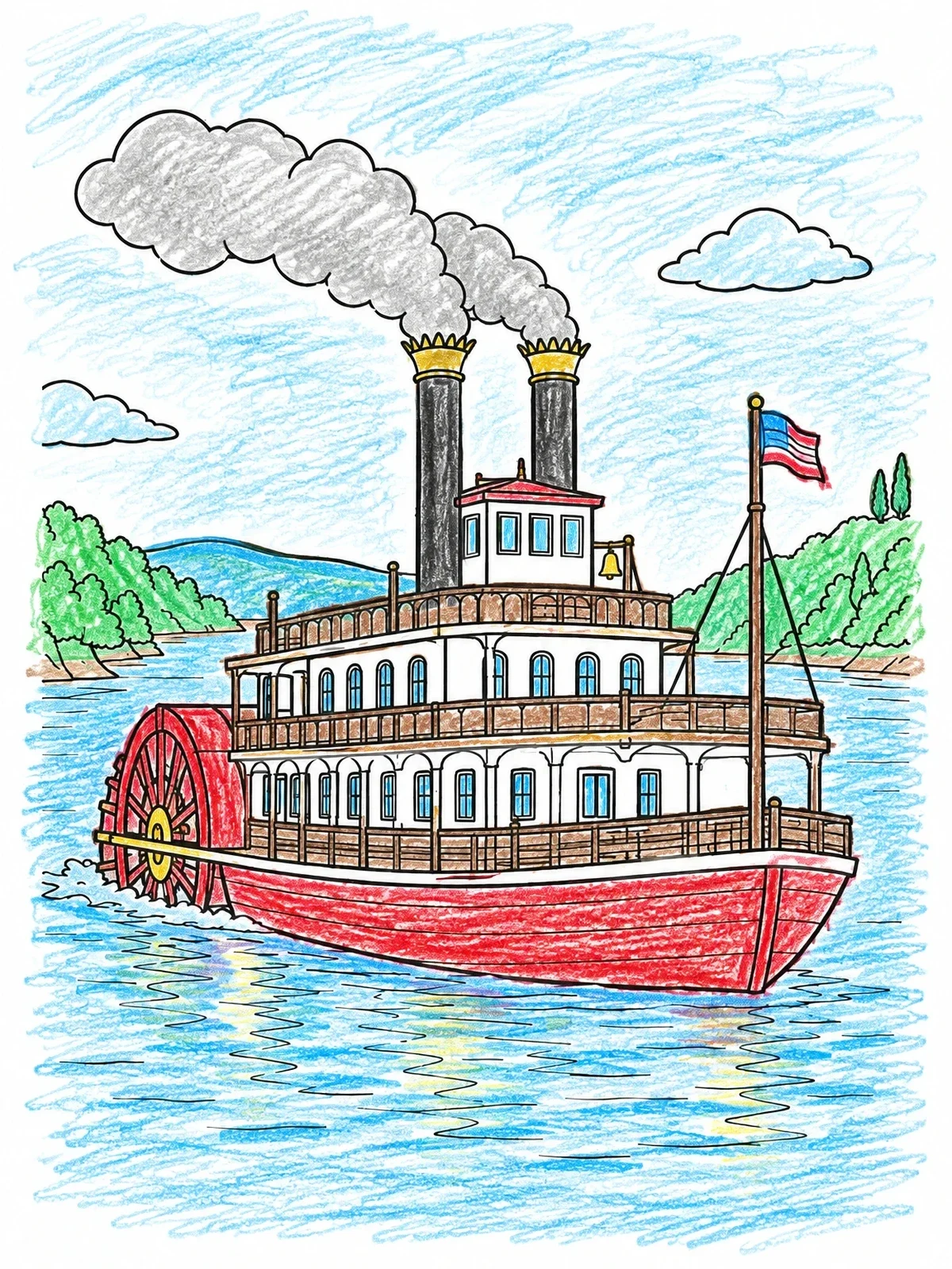 Colored example of the Vintage Paddle Steamboat On River coloring page