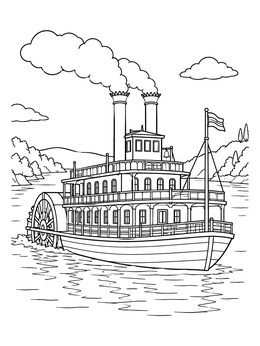 Free printable Vintage Paddle Steamboat On River coloring page