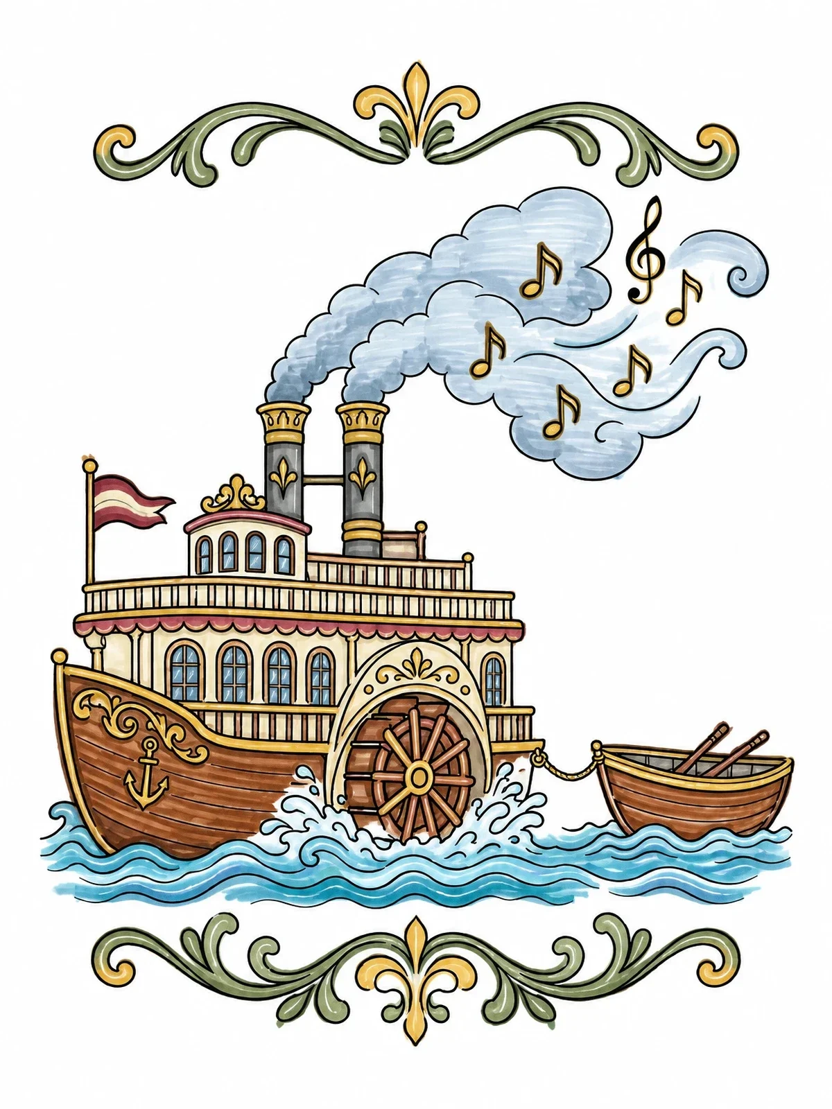 Colored example of the Vintage Paddle Steamboat With Rowboat coloring page