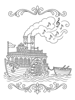 Detailed steamboat coloring page showing a riverboat towing a rowboat with musical smoke.