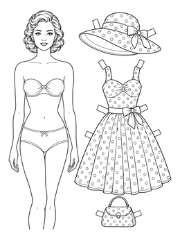 Vintage paper doll with tabs, hat, purse, and outfit in this dress coloring page.