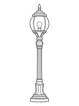 A vintage park coloring page featuring an ornate street lamp post with a glass globe.
