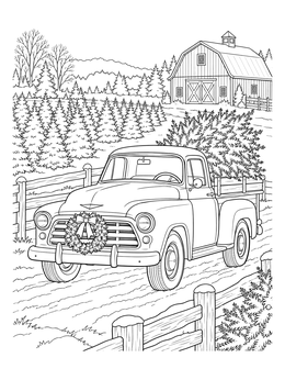 A vintage pickup truck on a scenic christmas car coloring page at a tree farm.