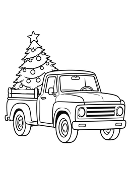 A vintage pickup truck carrying an upright decorated pine tree on this christmas truck coloring page.
