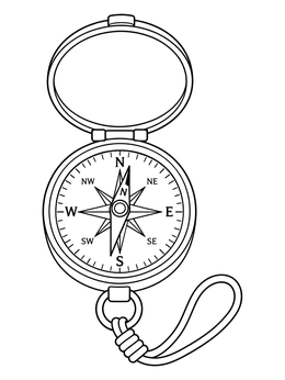 An open pocket compass coloring page featuring clear cardinal directions and a lanyard loop.