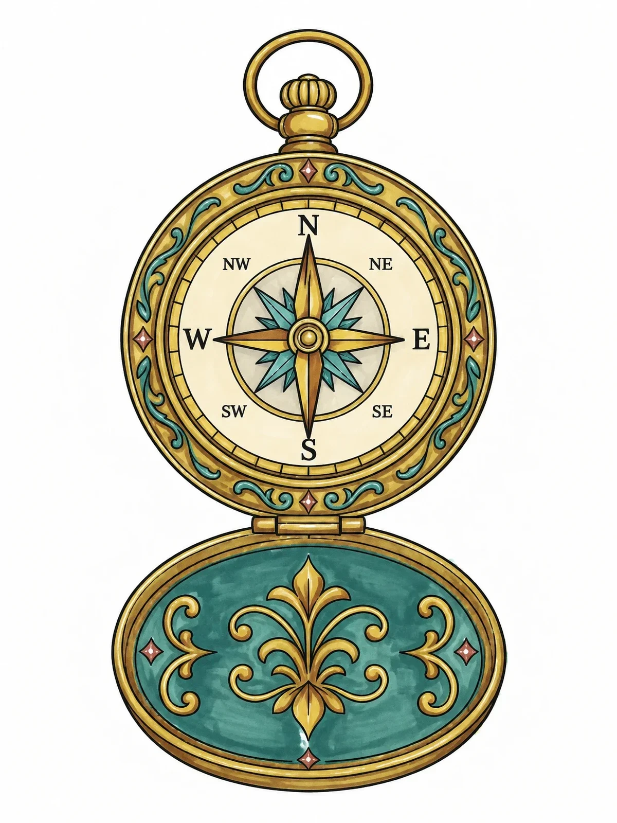Colored example of the Vintage Pocket Compass With Lid coloring page