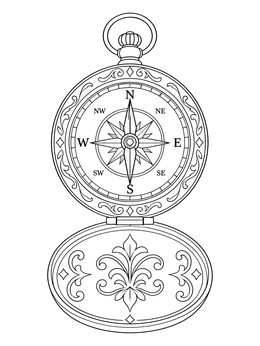 An ornate pocket compass coloring page featuring floral engravings and a detailed rose.