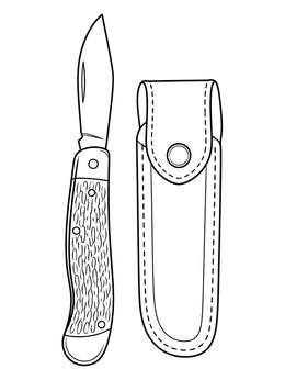 Detailed vintage knife coloring page showing a folding pocket knife beside a stitched sheath.