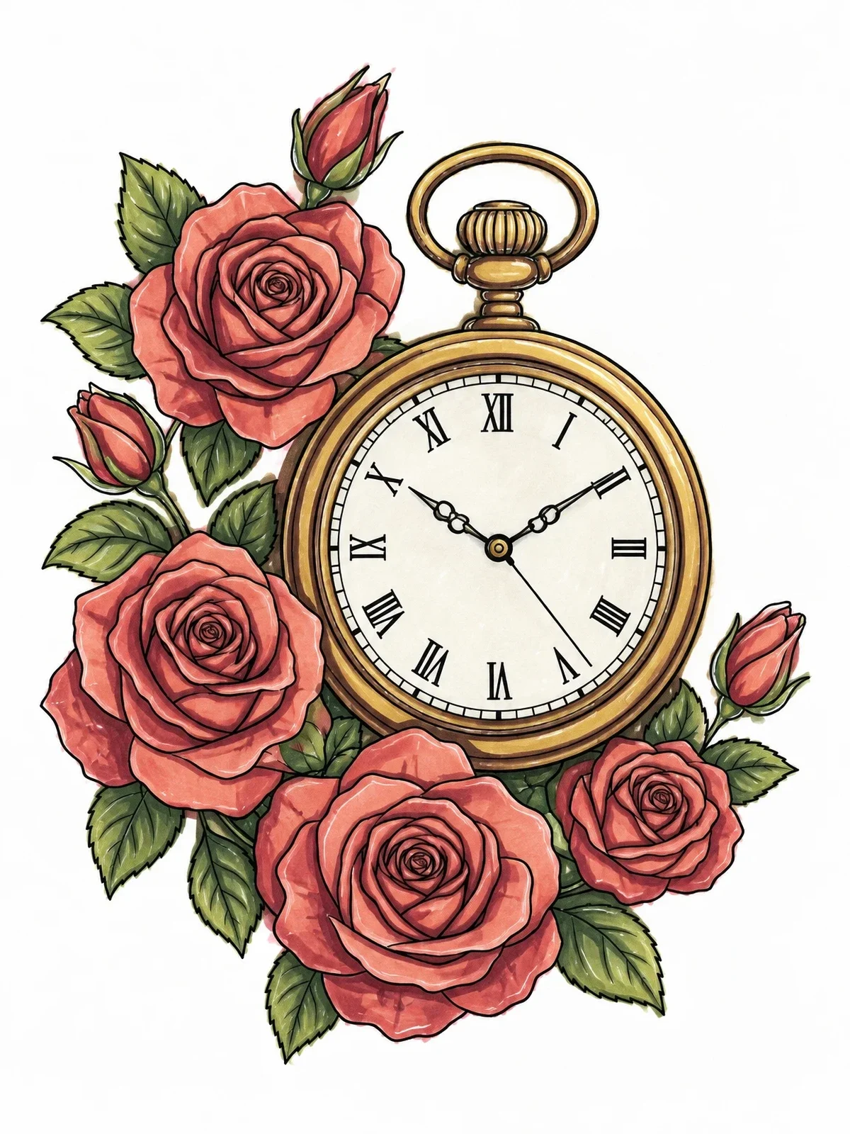 Colored example of the Vintage Pocket Watch With Roses coloring page