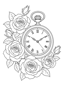 A vintage pocket watch surrounded by blooming roses in this rose tattoo coloring page.