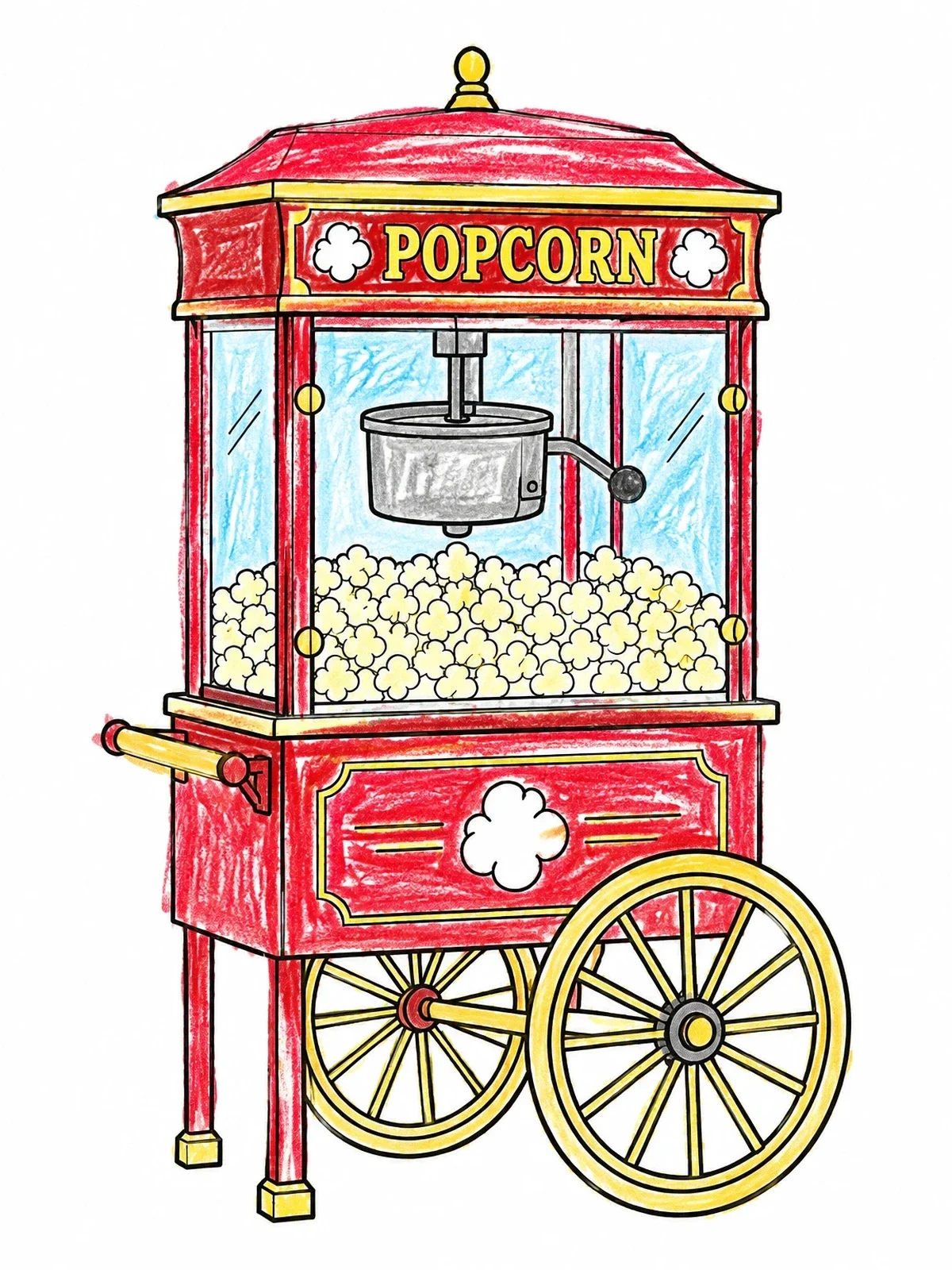 Colored example of the Vintage Popcorn Cart Machine coloring page