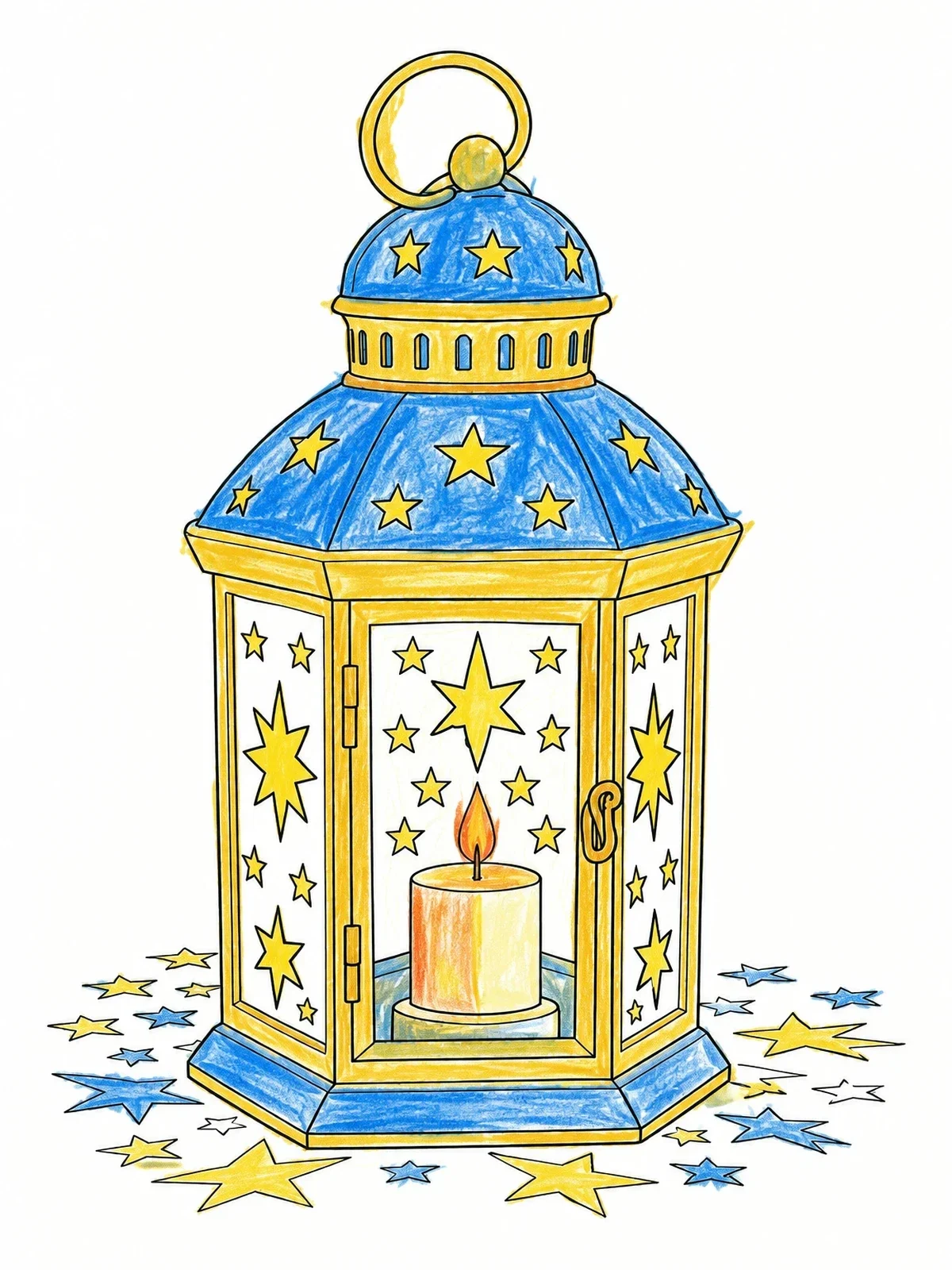 Colored example of the Vintage Star Tin Lantern With Candle coloring page