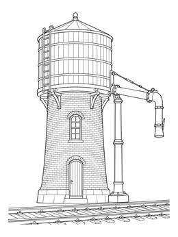 Detailed vintage water tower coloring page with a brick base and water spout next to train tracks.