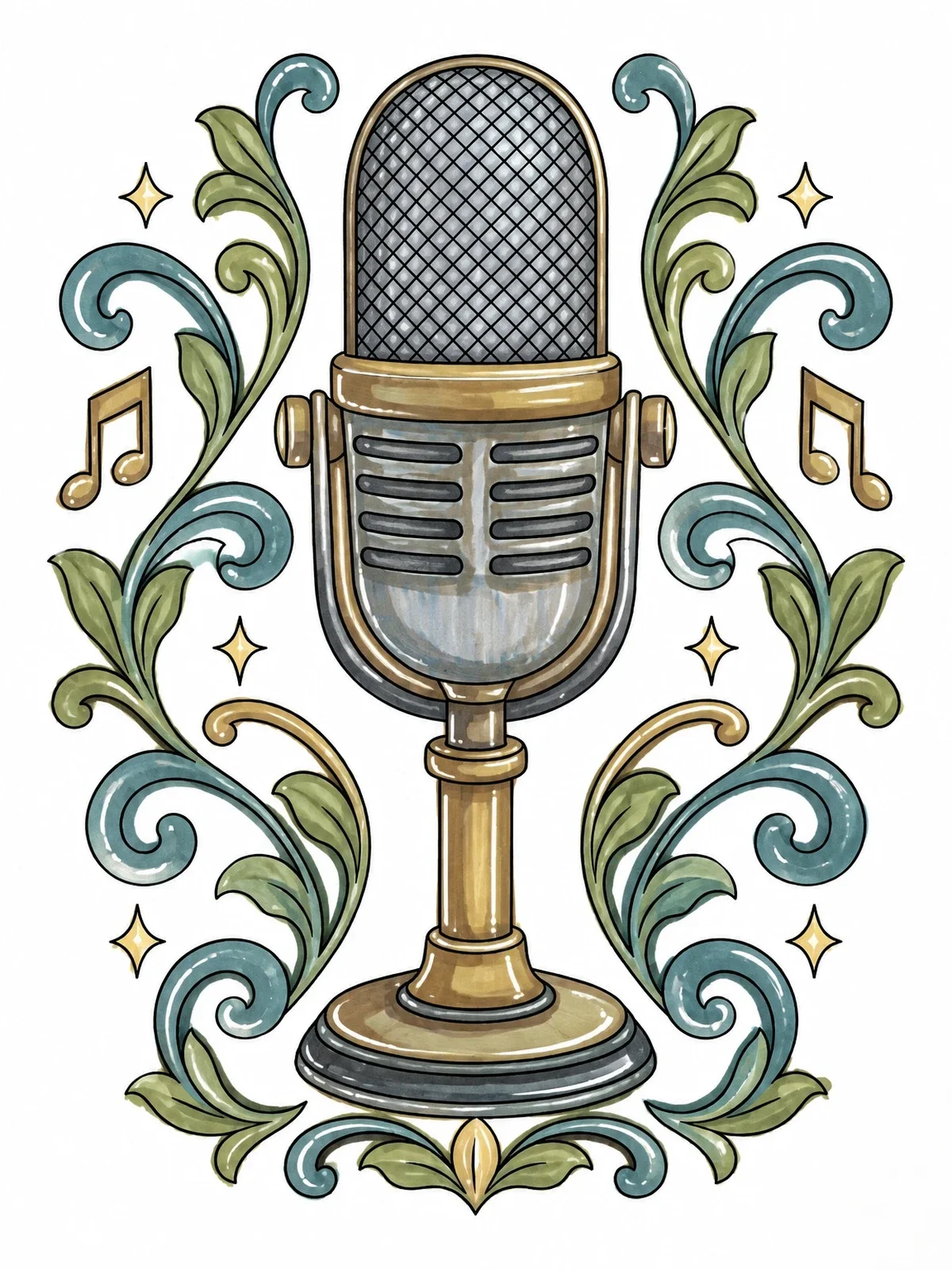 Colored example of the Vintage Rock And Roll Microphone coloring page