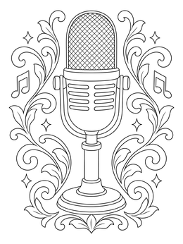 A vintage microphone on a stand framed by ornate flourishes on this rock and roll coloring page.