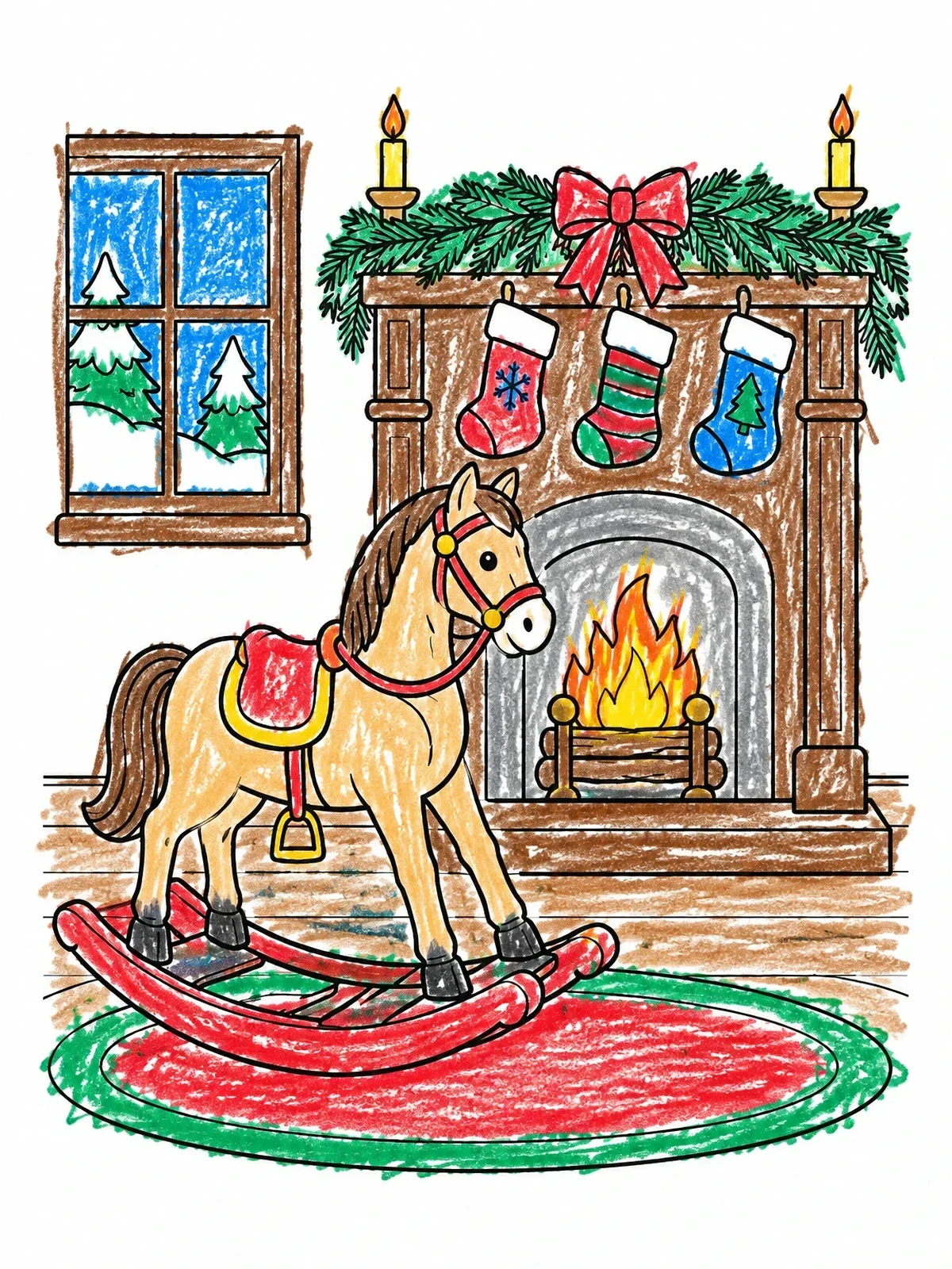 Colored example of the Vintage Rocking Horse By Fireplace coloring page
