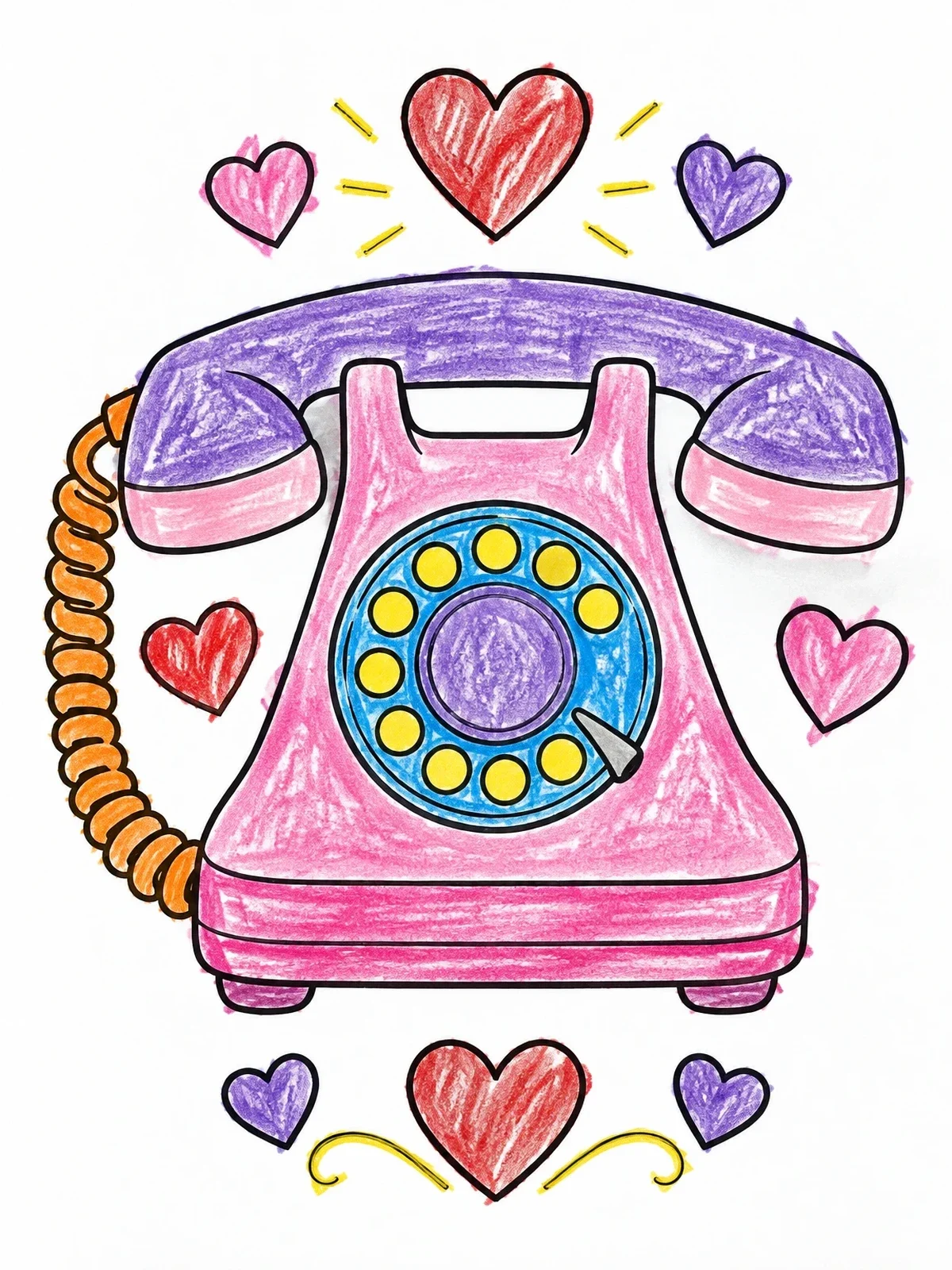 Colored example of the Vintage Rotary Telephone With Hearts coloring page