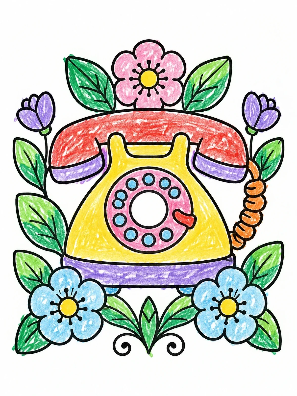 Colored example of the Vintage Rotary Telephone And Flowers coloring page