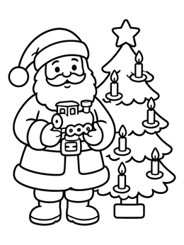 Free printable Santa With Toy Train And Tree coloring page