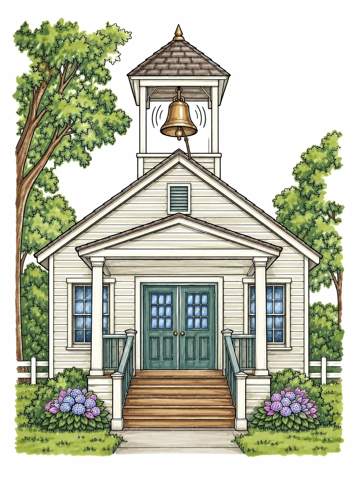 Colored example of the Vintage Schoolhouse With Ringing Bell coloring page