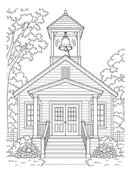 A ringing bell coloring page featuring a classic wooden schoolhouse porch and belfry.