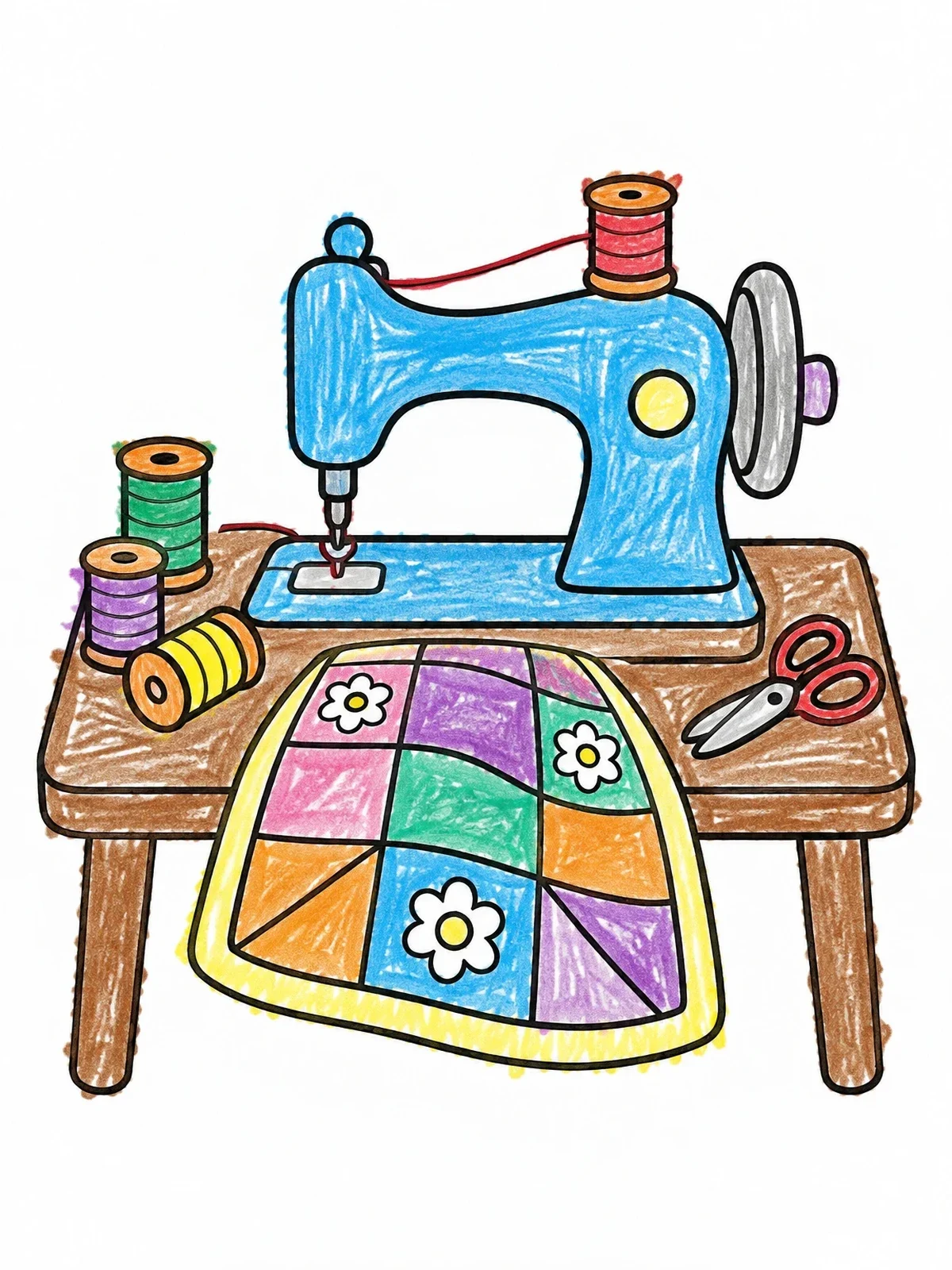 Colored example of the Sewing Machine With Quilt And Thread coloring page