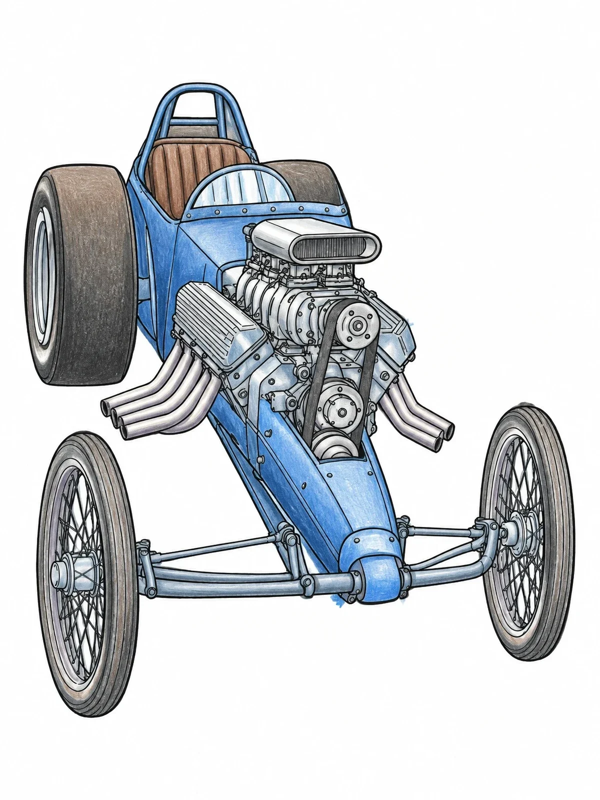 Colored example of the Vintage Front Engine Slingshot Dragster coloring page