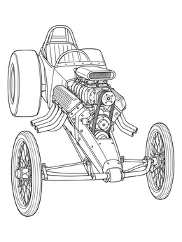Classic slingshot dragster coloring page showing a supercharged V8 engine and spoked wheels.