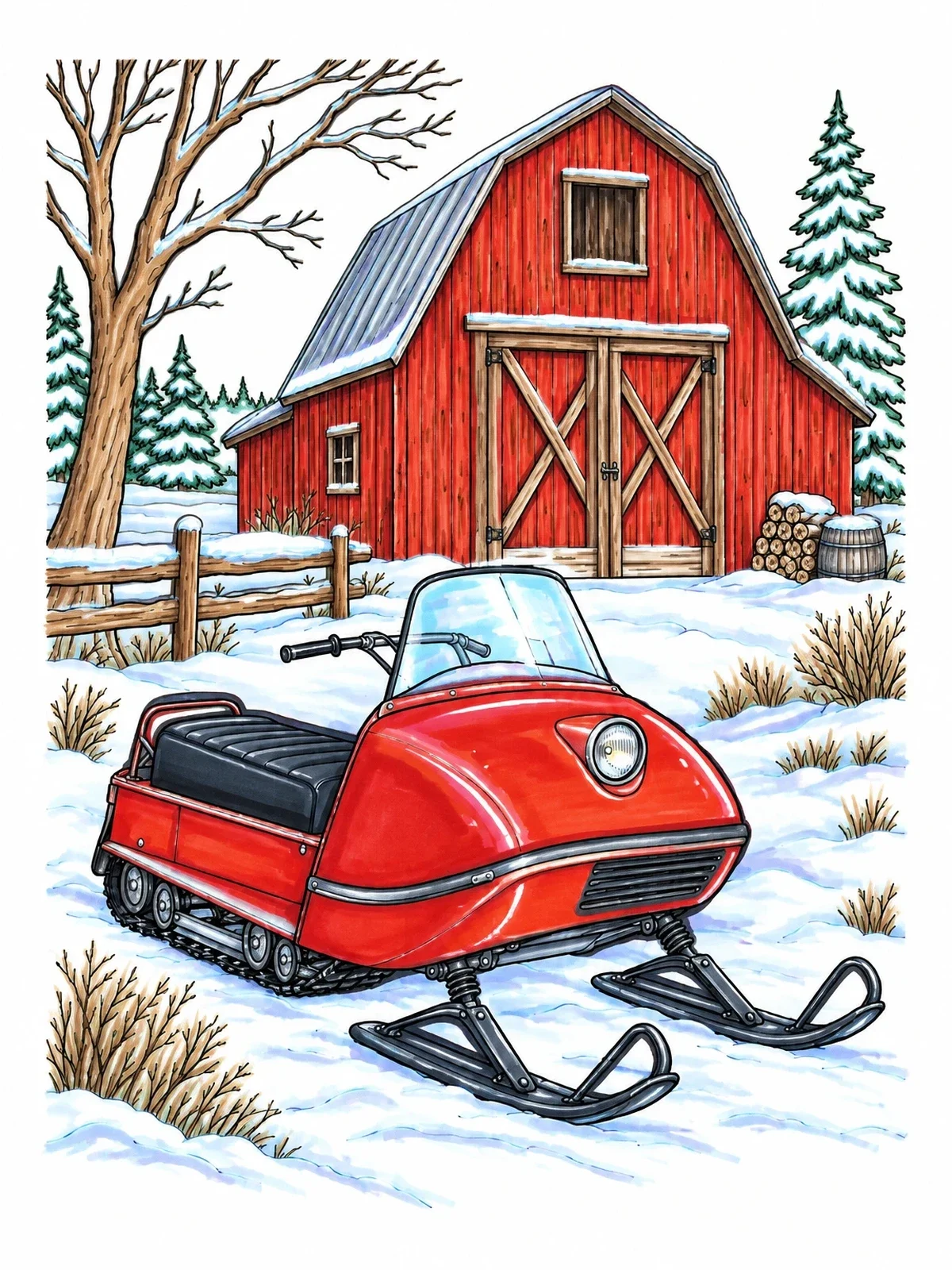 Colored example of the Vintage Snowmobile By A Rustic Barn coloring page