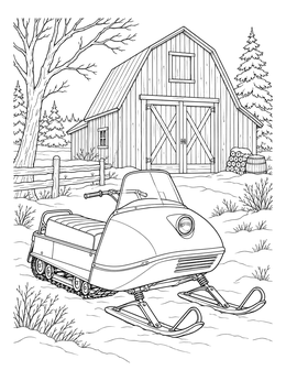 Free printable Vintage Snowmobile By A Rustic Barn coloring page